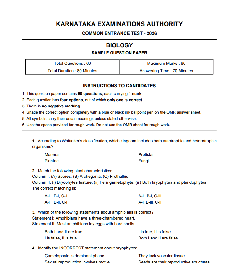 KCET 2026 Biology Mock Test with Detailed Solutions - Best for Last Minute Practice